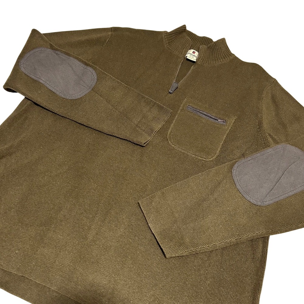 Woolrich Quarter Zip‎ Sweater Mens Large Olive Brown Elbow Patches Ribbed Knit